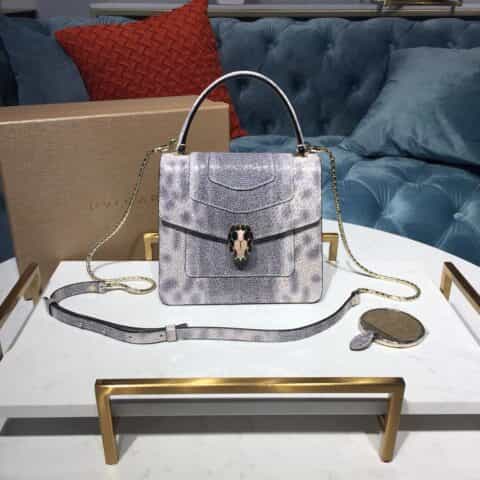 BVLGARI宝格丽粉晶色金属质感水蛇纹三层手提包38329