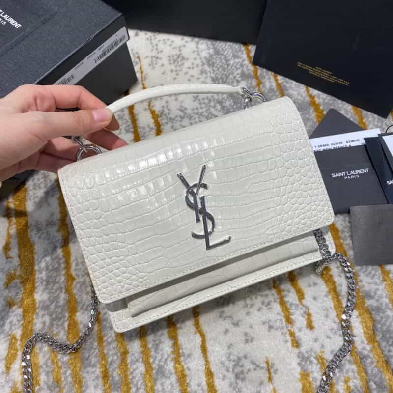 Saint laurent Ysl Sunset Woc 19 鳄鱼纹日落包 533026白色银扣