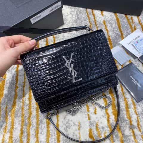 Saint laurent Ysl Sunset Woc 19 鳄鱼纹日落包 533026黑色银扣
