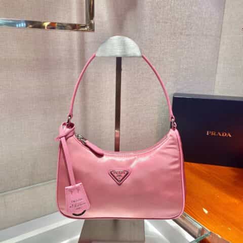 Prada 进口原厂降落伞布料月亮形中古包Hobo腋下包 1NE204粉红色
