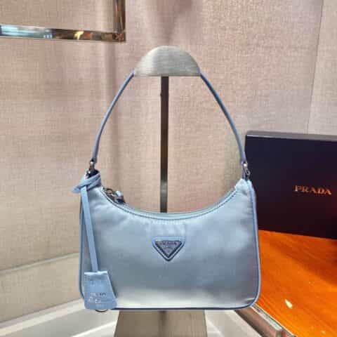 Prada 进口原厂降落伞布料月亮形中古包Hobo腋下包 1NE204雾霾蓝