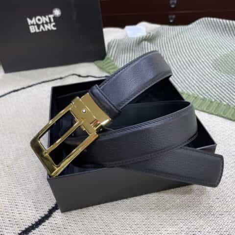 MONTBLANC全新尽黑系列针扣双面细腻头层牛皮腰带
