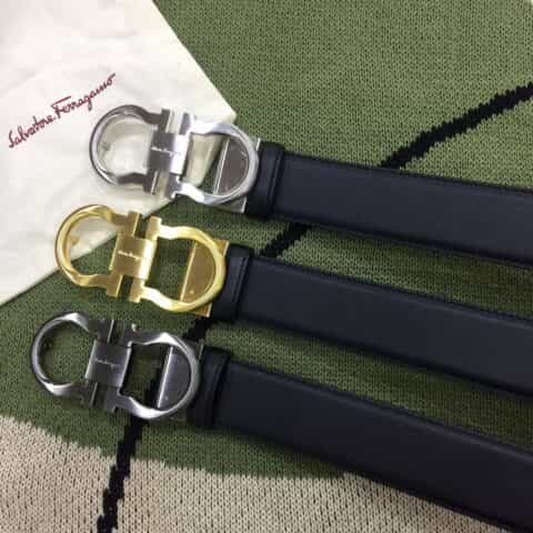 菲拉格慕新款3.5cmGancio双圈夹扣，配进口头层牛皮腰带