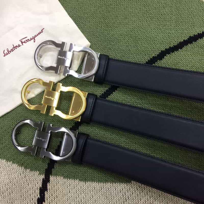 菲拉格慕新款3.5cmGancio双圈夹扣，配进口头层牛皮腰带