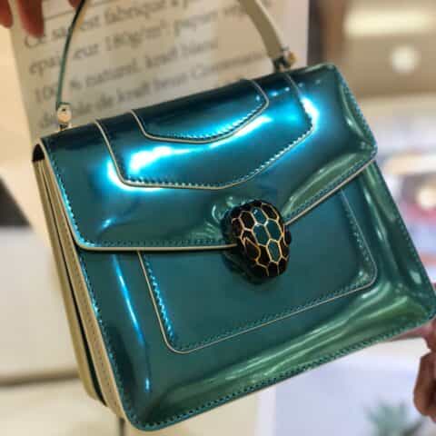 BVLGARI宝格丽碧玉色磨砂金属质感小牛皮手提包38329