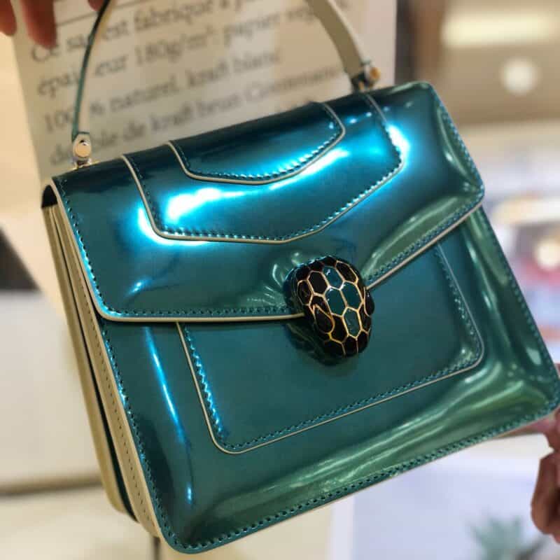 BVLGARI宝格丽碧玉色磨砂金属质感小牛皮手提包38329