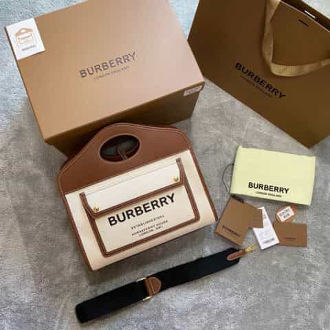 Burberry巴宝莉精选帆布拼缉明线皮革托特包