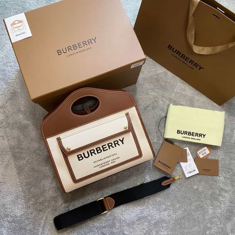 Burberry巴宝莉精选帆布拼缉明线皮革托特包