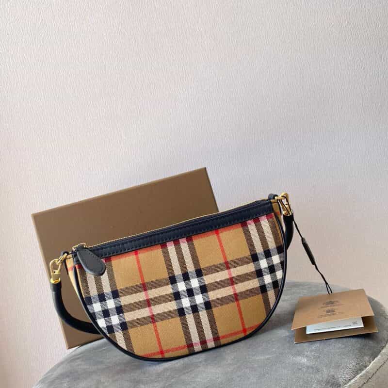 Burberry巴宝莉Vintage 复古格纹棉质拼皮革腋下包