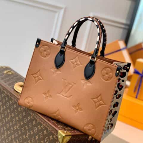 Louis Vuitton LV Onthego MM 豹纹印花托特包 M58521焦糖色