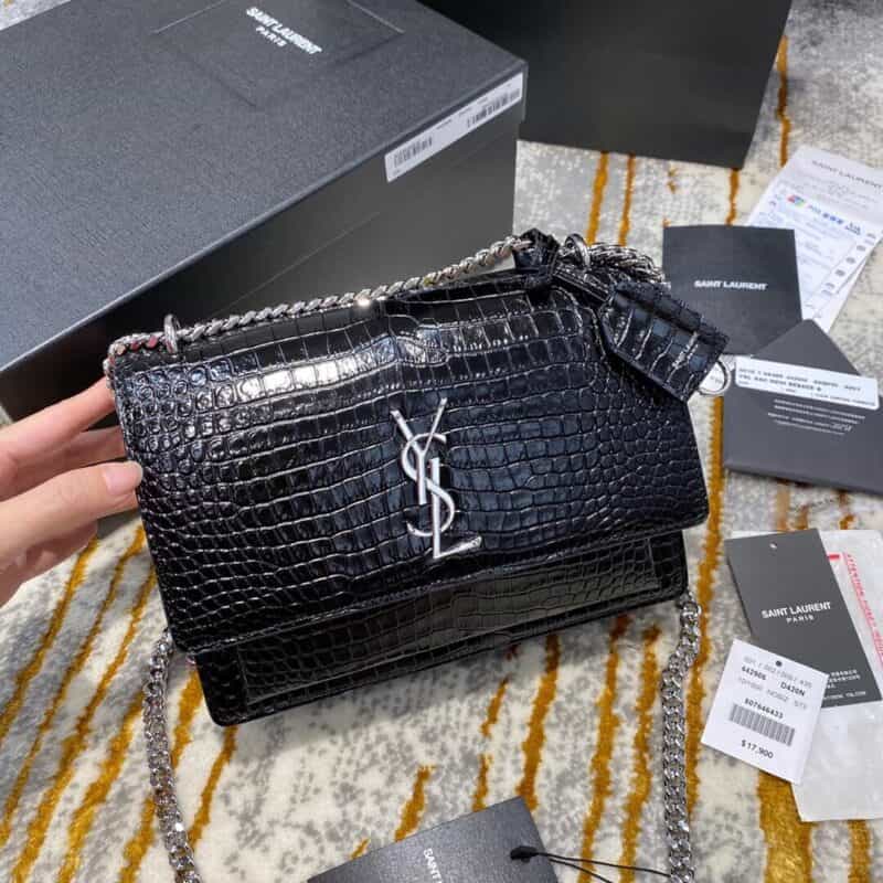 Saint laurent Ysl Sunset 22 鳄鱼纹日落包 442906黑色银扣