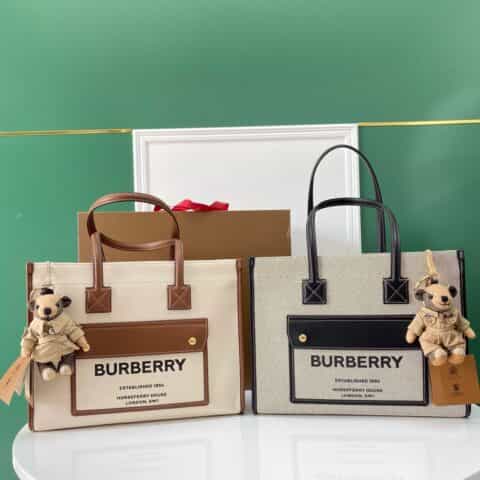 Burberry巴宝莉双色帆布拼皮皮革Freya意大利精制托特包1291