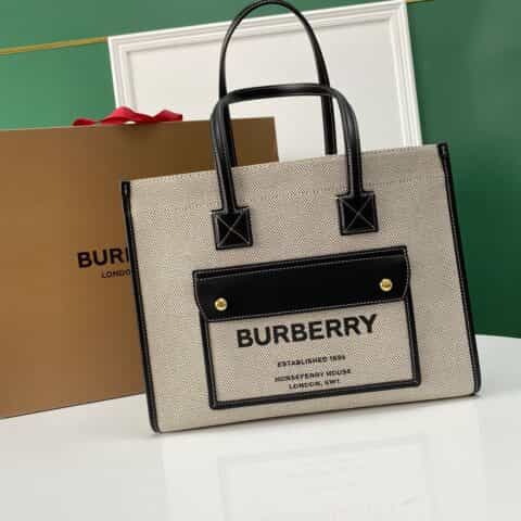 Burberry巴宝莉双色帆布拼皮皮革Freya意大利精制托特包1291