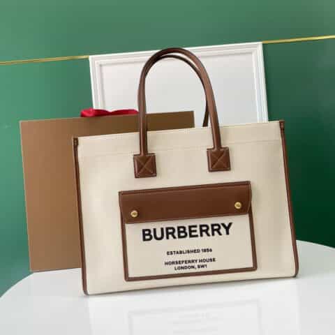 Burberry巴宝莉缉明线皮革及棉质帆布最新精制托特包
