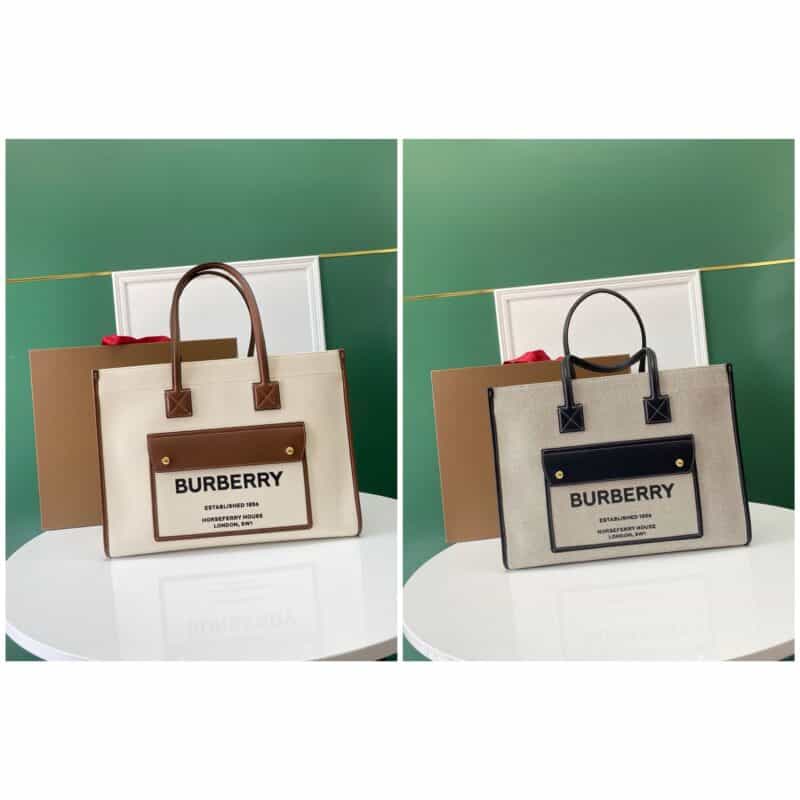 Burberry巴宝莉缉明线皮革及棉质帆布最新精制托特包