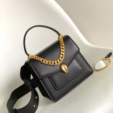 BVLGARI宝格丽酷黑小羊皮手提包38329