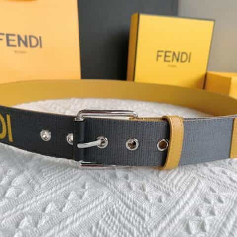 FENDI芬迪   双面用牛皮拼接帆布logo黄色标志腰带3.5cm