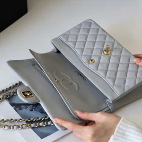 CHANEL CF25 Classic flap bag A01112球纹牛皮冰川灰