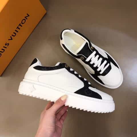 LV/路易威登   头层牛皮拼接Monogram老花帆布厚底情侣运动鞋