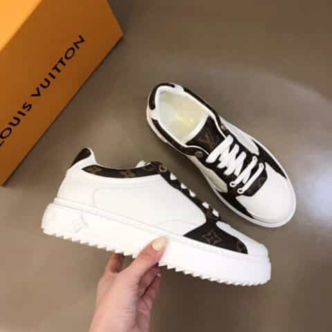 LV/路易威登   头层牛皮拼接Monogram老花帆布厚底情侣运动鞋