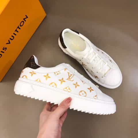 LV/路易威登   头层牛皮拼接Monogram老花帆布厚底情侣运动鞋