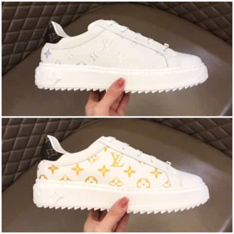 LV/路易威登   头层牛皮拼接Monogram老花帆布厚底情侣运动鞋