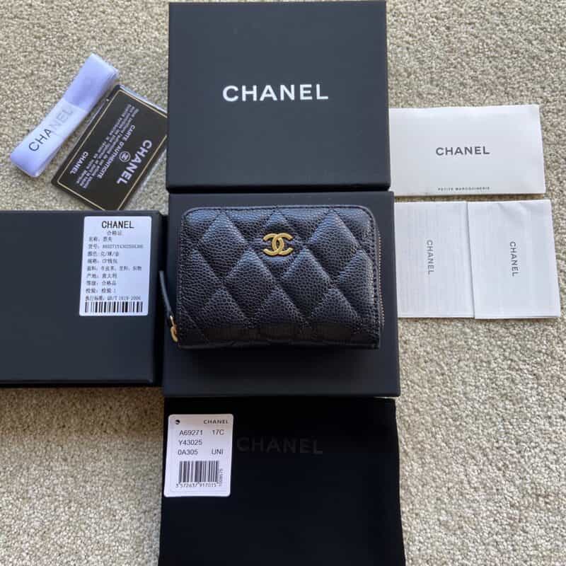 CHANEL进口意大利粒颗小牛皮小拉链卡包 A69271黑色球纹皮金色钢唛