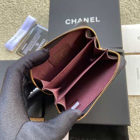 CHANEL进口意大利粒颗小牛皮小拉链卡包 A69271黑色球纹皮金色钢唛