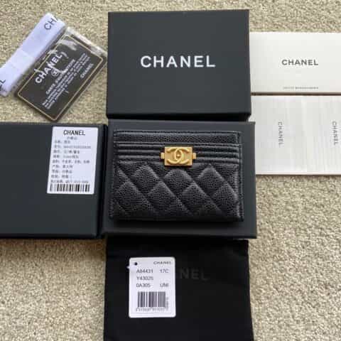 CHANEL进口意大利颗粒小牛皮卡夹 A84431黑色球纹金色钢唛