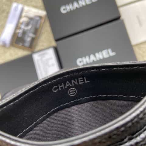 CHANEL进口意大利颗粒小牛皮卡夹 A84431黑色球纹银色钢唛