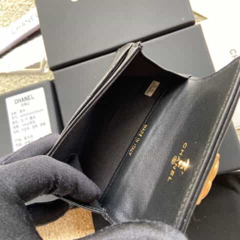 CHANEL进口意大利皮零钱包 A80603黑色羊皮金色五金