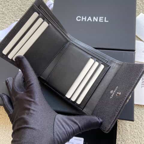 CHANEL进口意大利皮钱包 A80734黑色细球纹银色五金