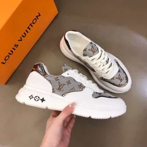 LV/路易威登   头层牛皮拼接立体刺绣logo牛仔布新品男士高端休闲运动鞋