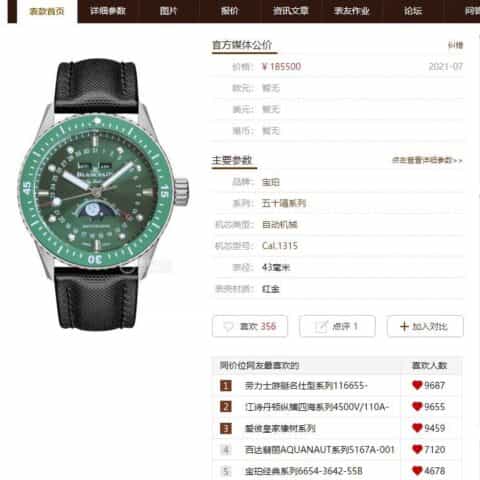 TW最新力作 宝珀五十寻系列5054-1110-B52A6654.P自动机械机芯腕表