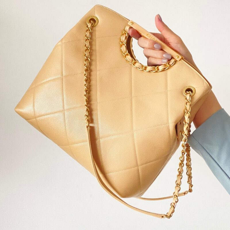 CHANEL 原厂Haas细鱼子酱经典妈咪购物袋 AS1469奶茶色