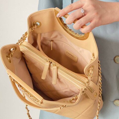 CHANEL 原厂Haas细鱼子酱经典妈咪购物袋 AS1469奶茶色