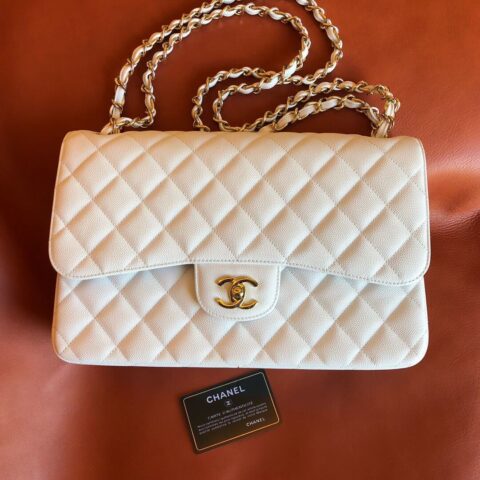 CHANEL Haas原厂胎牛细鱼子酱Classic flap bag CF30 A58600纯白香槟金扣