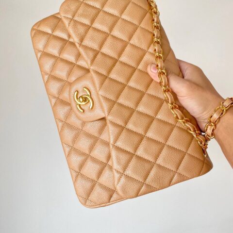 CHANEL Haas原厂胎牛粗鱼子酱Classic flap bag CF30 A58600深奶茶色金扣