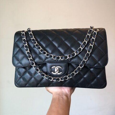 CHANEL Haas原厂胎牛细鱼子酱Classic flap bag CF30 A58600黑色银扣