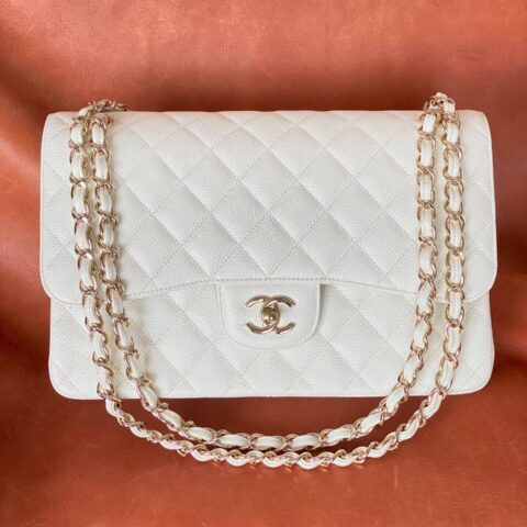 CHANEL Haas原厂胎牛粗鱼子酱Classic flap bag CF30 A58600奶昔白香槟金扣