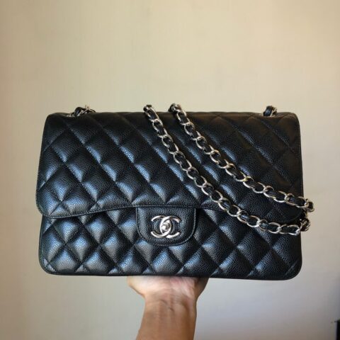 CHANEL Haas原厂胎牛粗鱼子酱Classic flap bag CF30 A58600黑色银扣