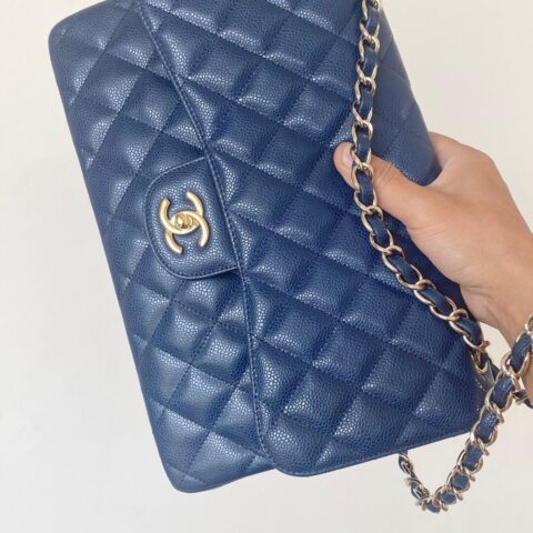 CHANEL Haas原厂胎牛粗鱼子酱Classic flap bag CF30 A58600深蓝色浅金扣