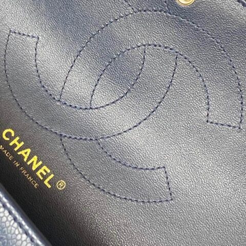 CHANEL Haas原厂胎牛粗鱼子酱Classic flap bag CF30 A58600深蓝色浅金扣