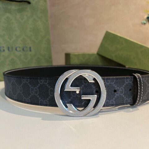 GUCCI古驰   男士PVC配皮双G精钢滚砂金属扣38mm腰带