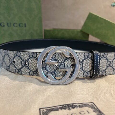 GUCCI古驰   男士PVC配皮双G精钢滚砂金属扣38mm腰带