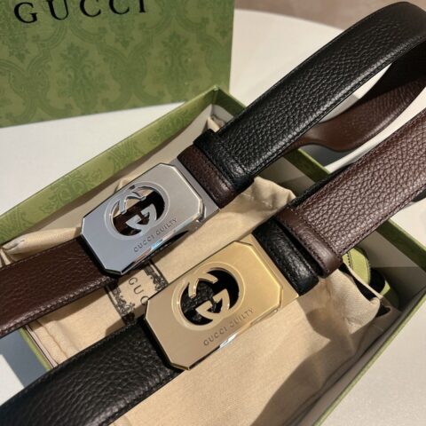 Gucci古驰   精钢镂空金属夹扣搭配头层牛皮羊纹理35mm腰带