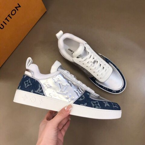 LV/路易威登   Monogram 帆布拼接银色头层牛皮男士经典休闲运动鞋