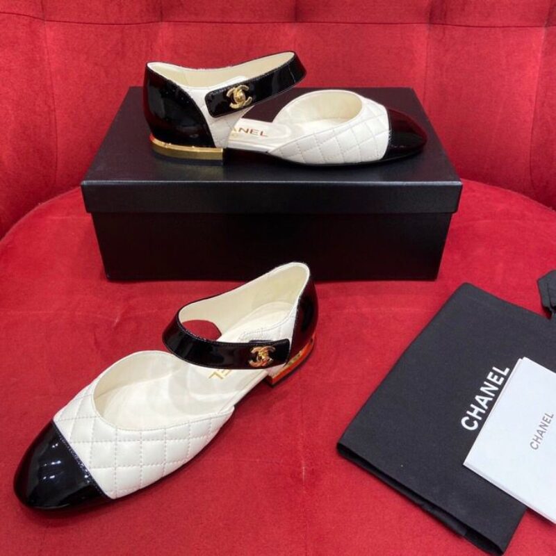 chanel香奈儿  黑白熊猫色玛丽珍小羊皮菱格女款凉鞋