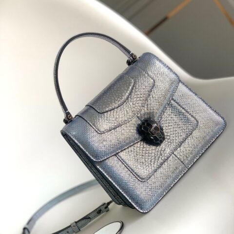 BVLGARI宝格丽宝石蓝色金属质感水蛇皮手提包38329