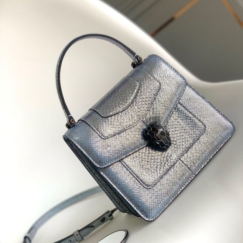 BVLGARI宝格丽宝石蓝色金属质感水蛇皮手提包38329